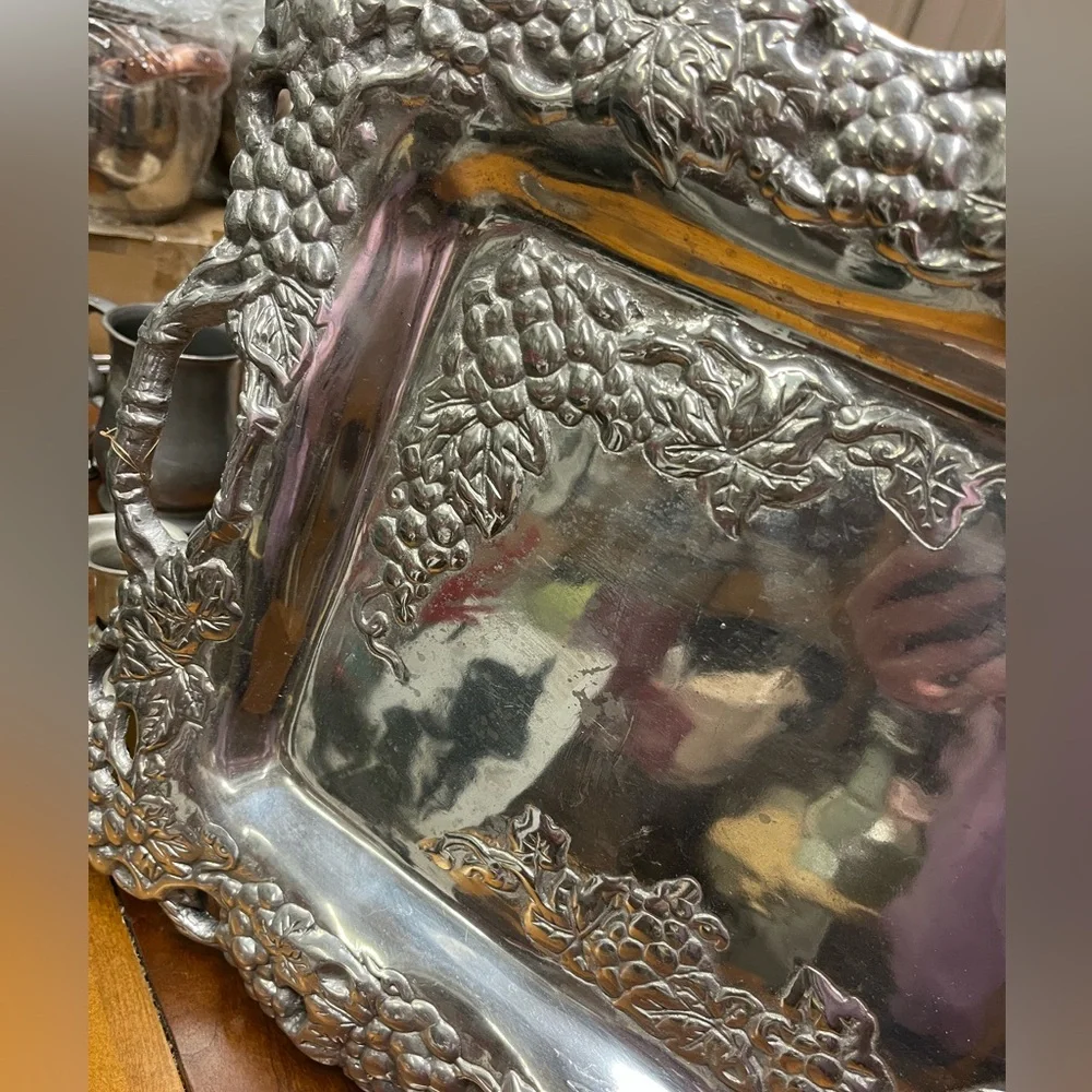 Arthur Court 17” Ornate HEAVY Silver Tray with Grape Design